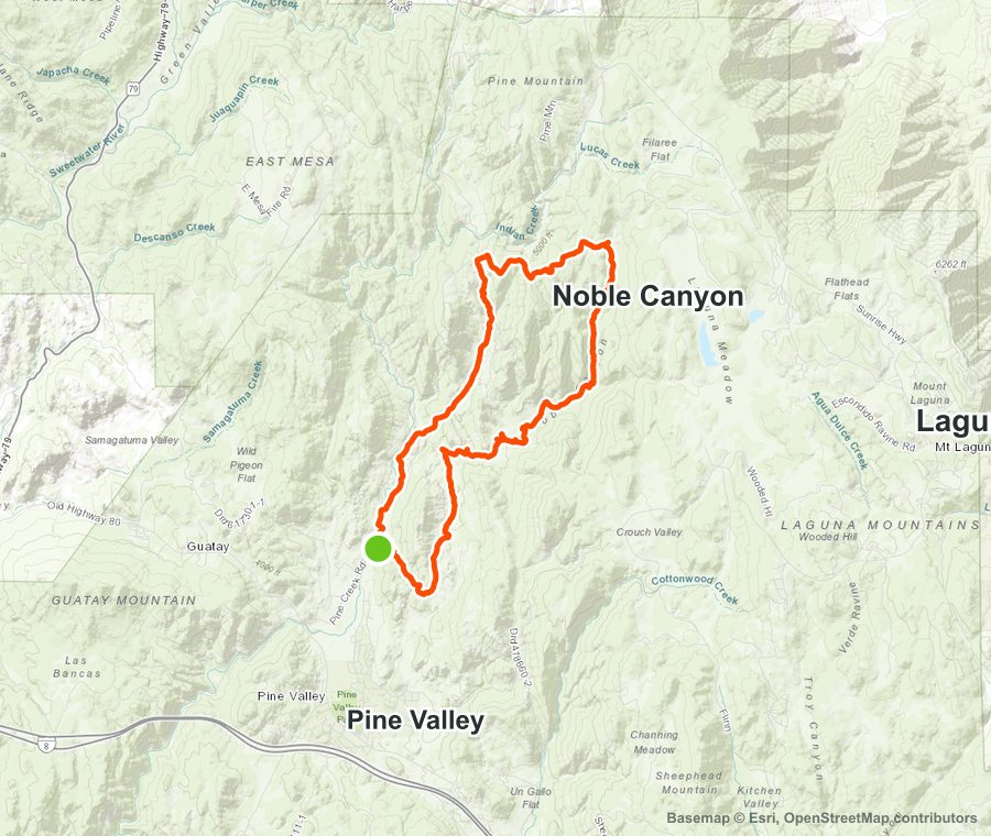 Detailed topo map showing the Nobel Canyon route in the Laguna Mountains near Pine Valley and Noble Canyon.