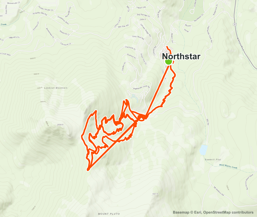 Detailed topo map showing the North Star route around Northstar, California.