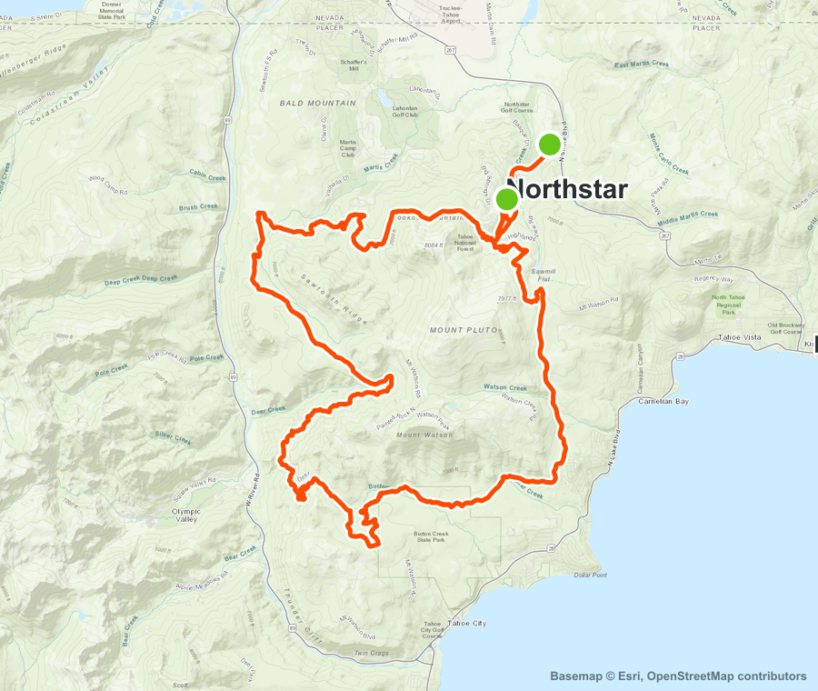 Detailed topo map showing the Tahoe 100 route near Northstar, Tahoe City, and North Lake Tahoe.
